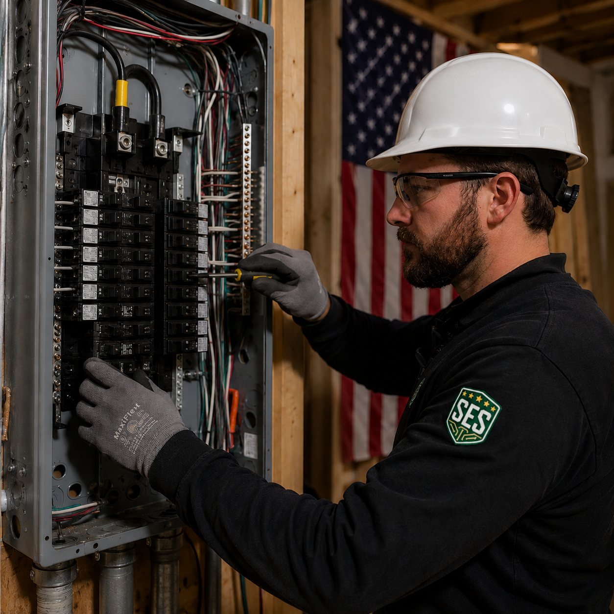 Superior Energy Solutions electrician working inside a residential breaker panel