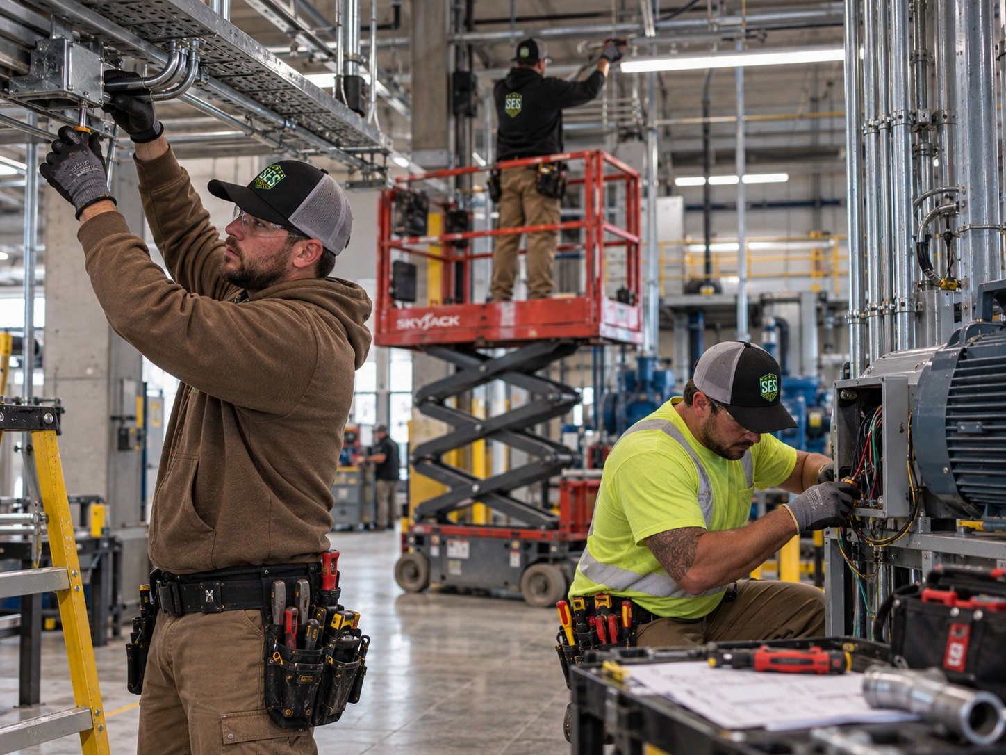 SES electricians working on overhead conduit and equipment in a commercial facility