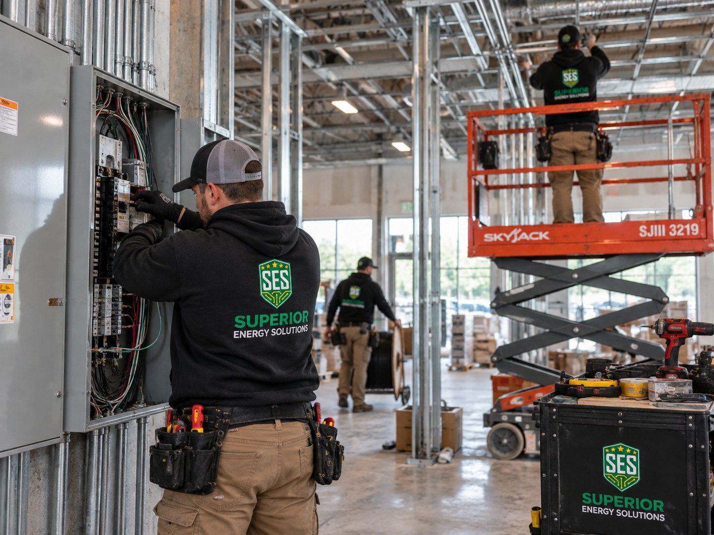SES electrician servicing a commercial panel while a crew member works on a lift in the background
