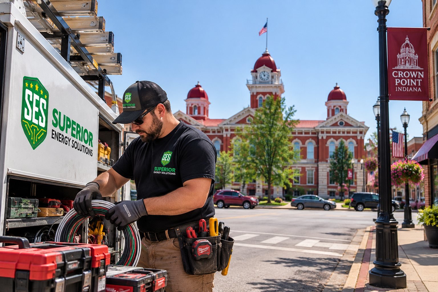 SES electrician coiling wire beside an SES service van, with the historic Crown Point courthouse and a Crown Point, Indiana street banner in the background
