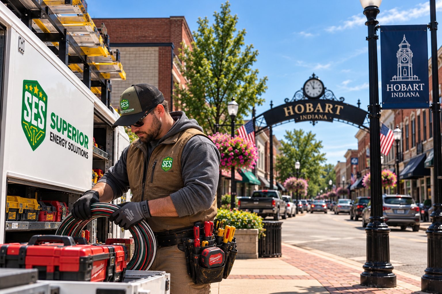 SES electrician coiling wire beside an SES service van on a Hobart, Indiana street, with a Hobart arch sign and street banner behind him