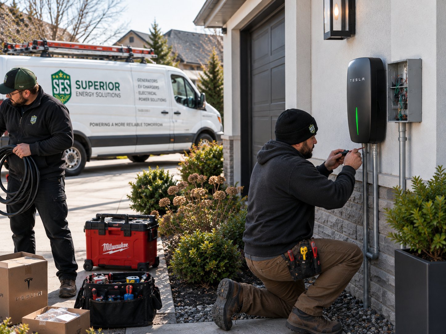 SES electricians unloading equipment for a Tesla charger install