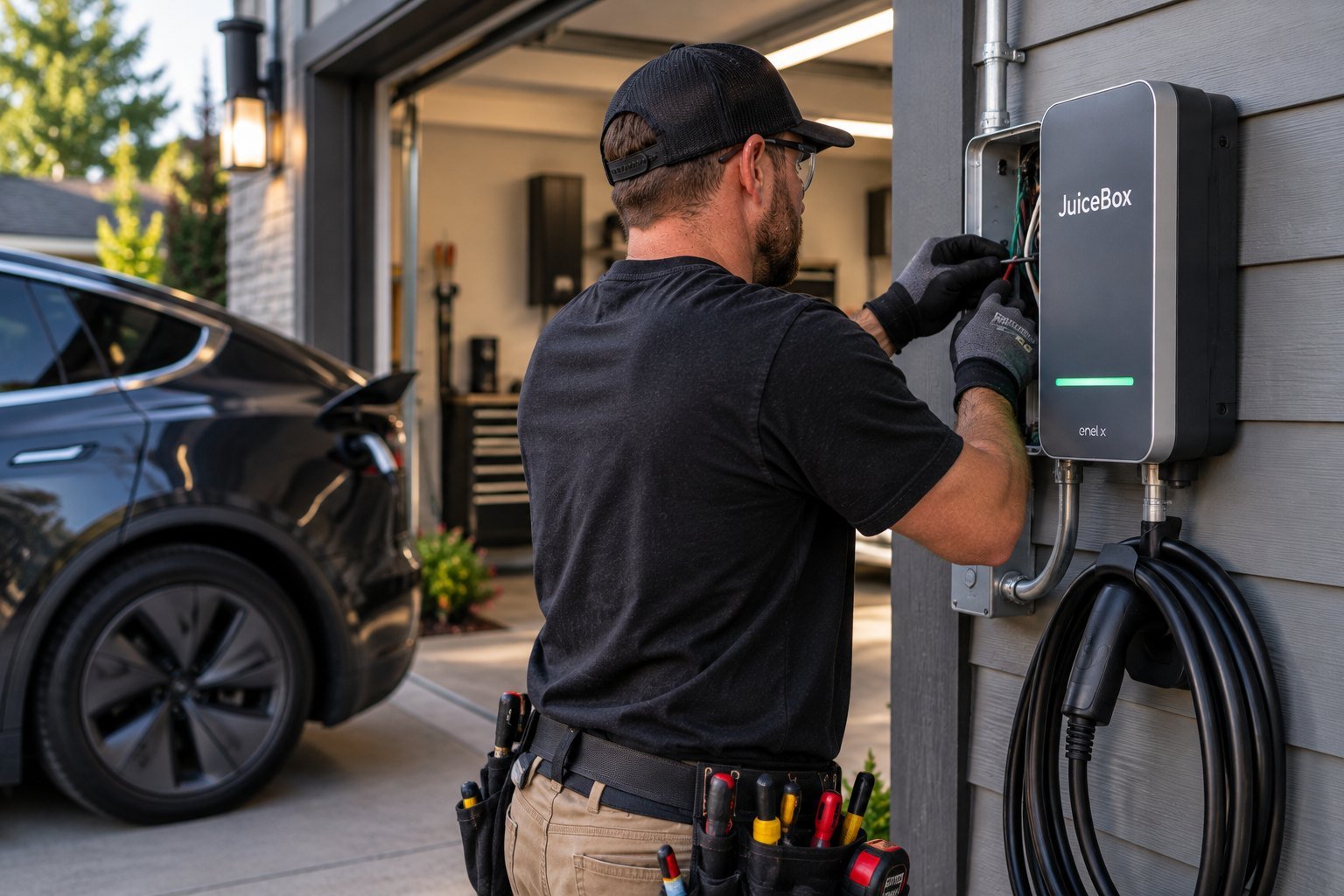 SES electrician installing a home EV charging station