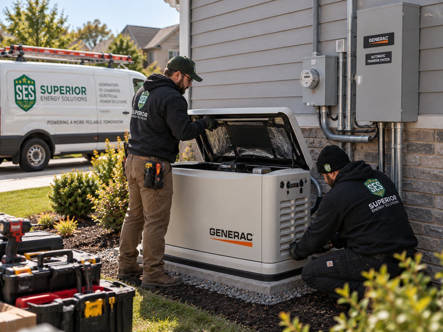 SES technicians installing a Generac generator and automatic transfer switch
