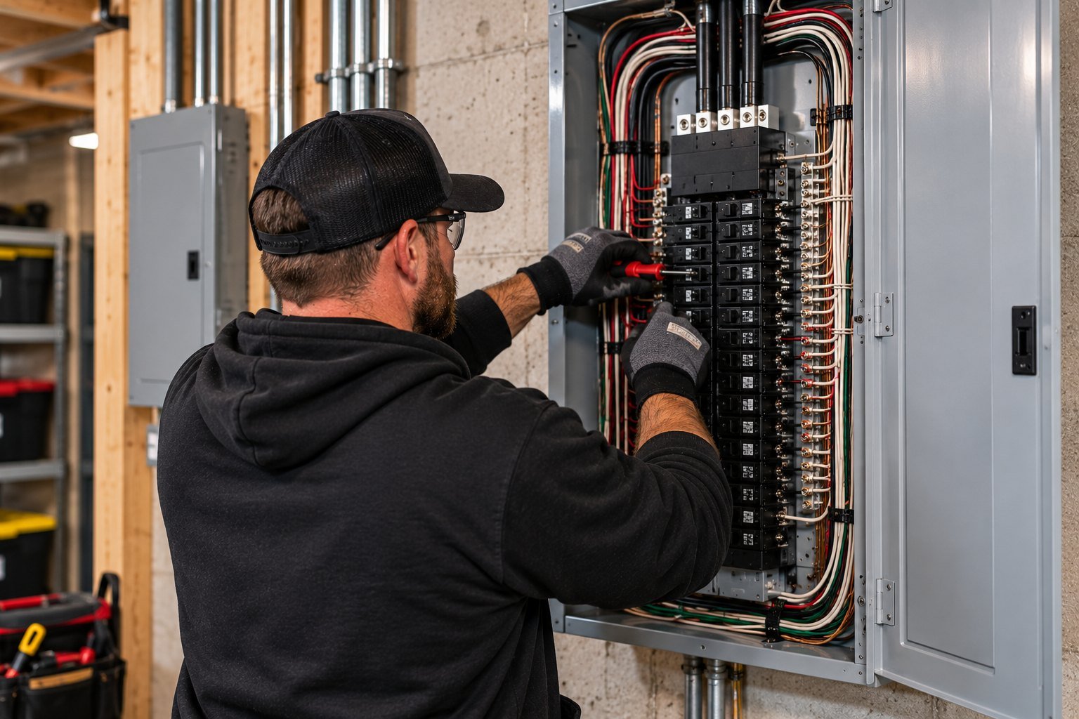 SES electrician installing a new panel breaker
