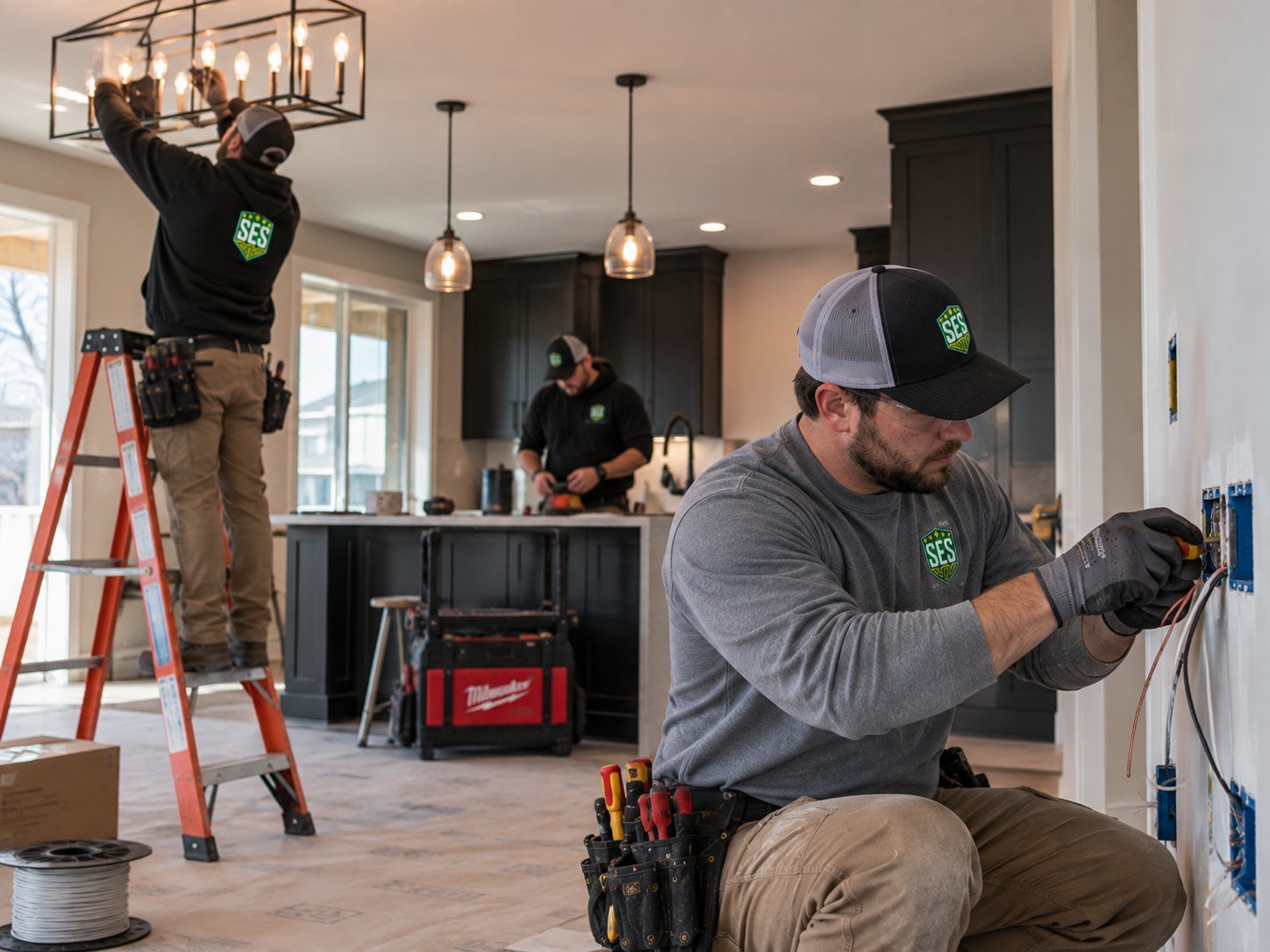 SES electricians installing a light fixture and working in a kitchen during a remodel