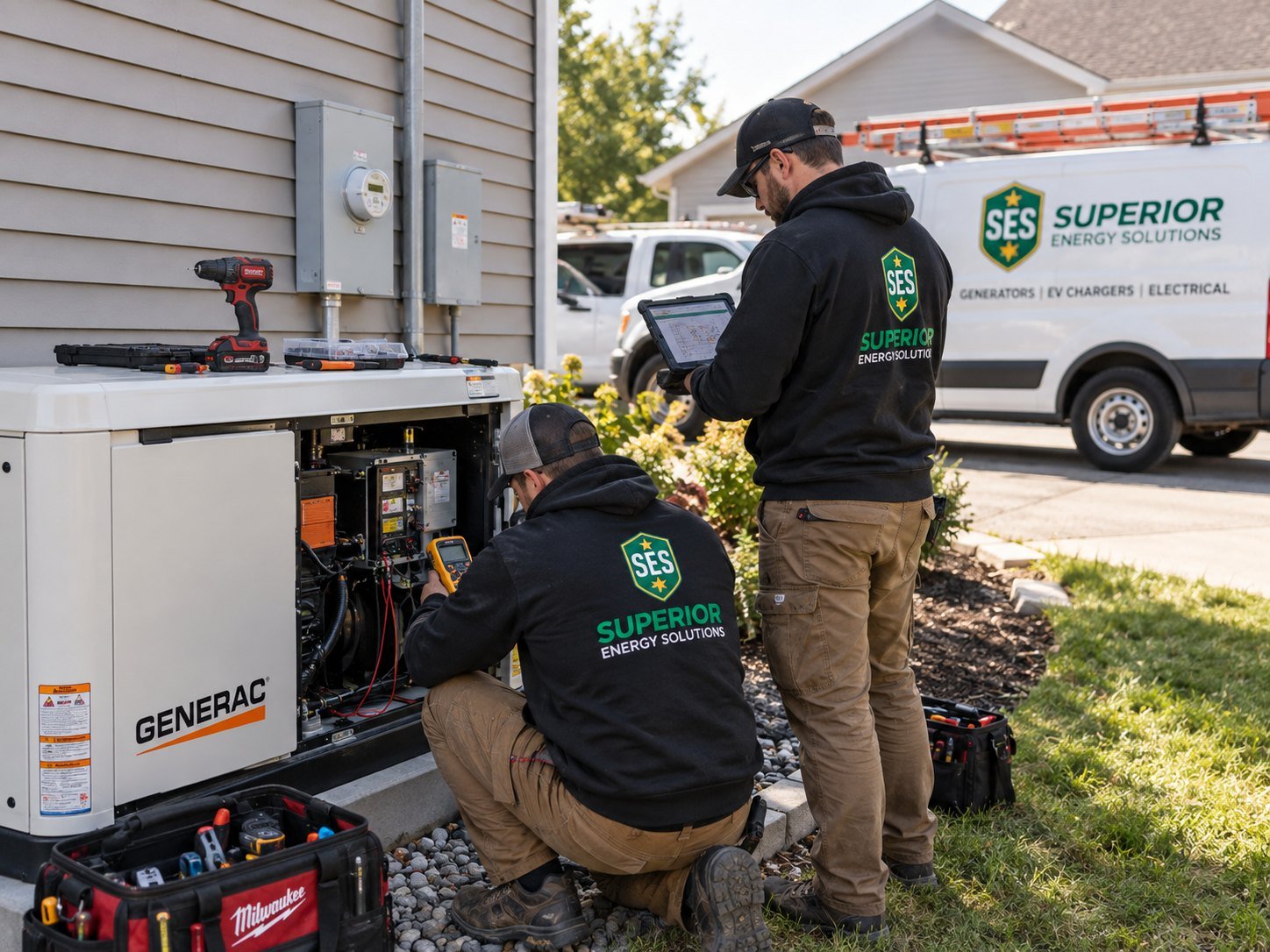 SES electricians servicing a Generac generator outside a home