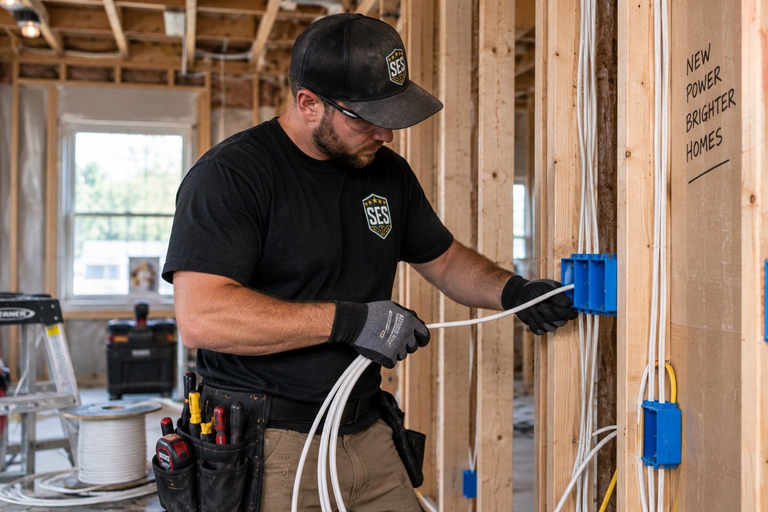 SES electrician wiring new outlet boxes during a rewire