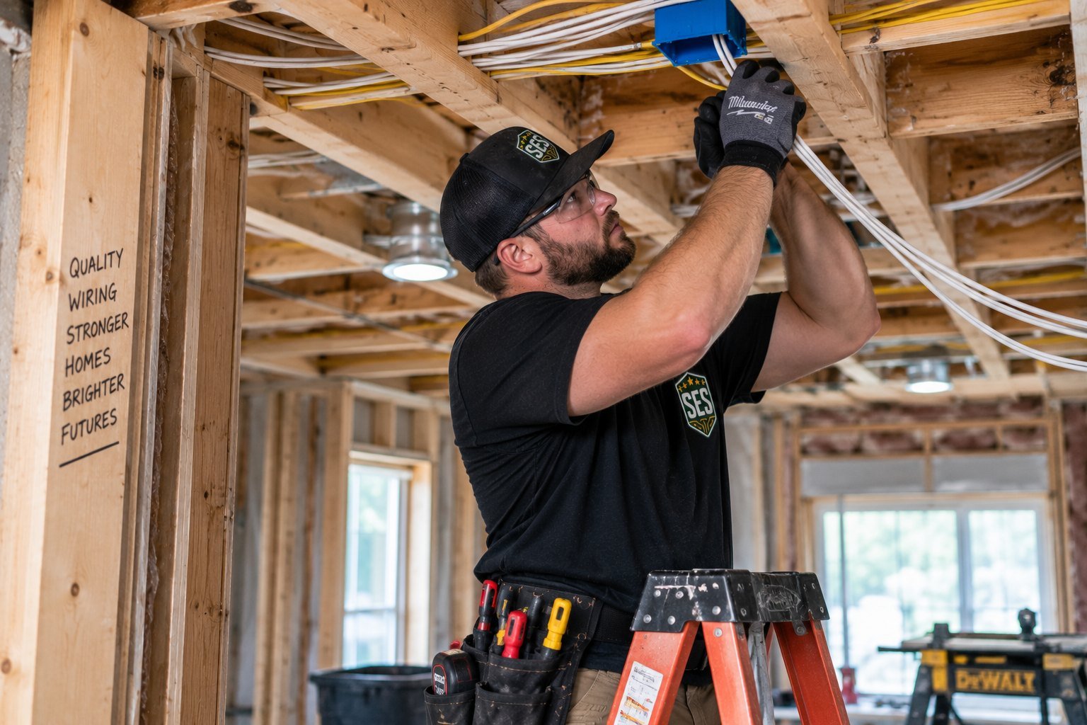 SES electrician running wiring through ceiling joists