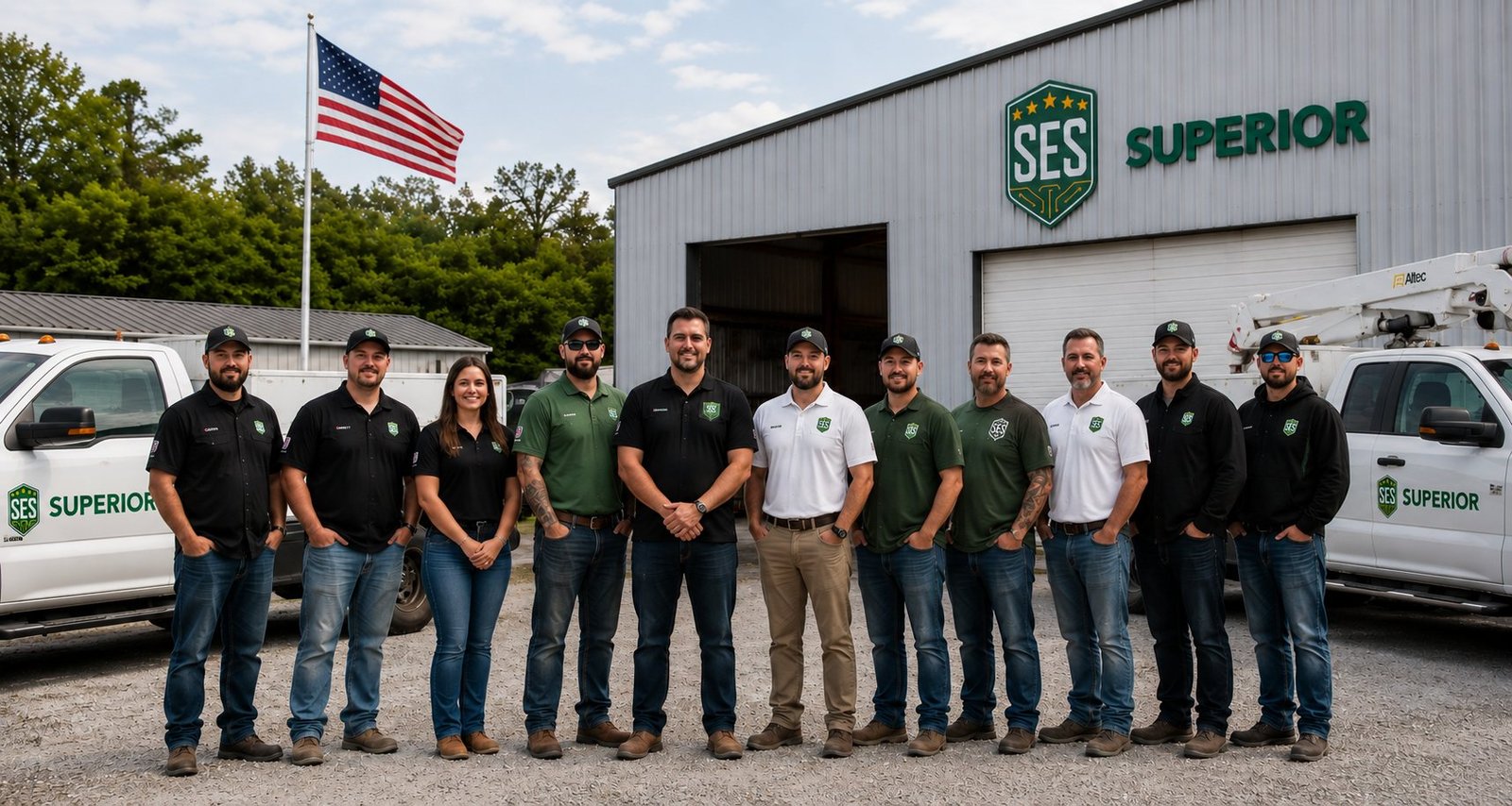 The Superior Energy Solutions crew standing in front of their shop and service trucks