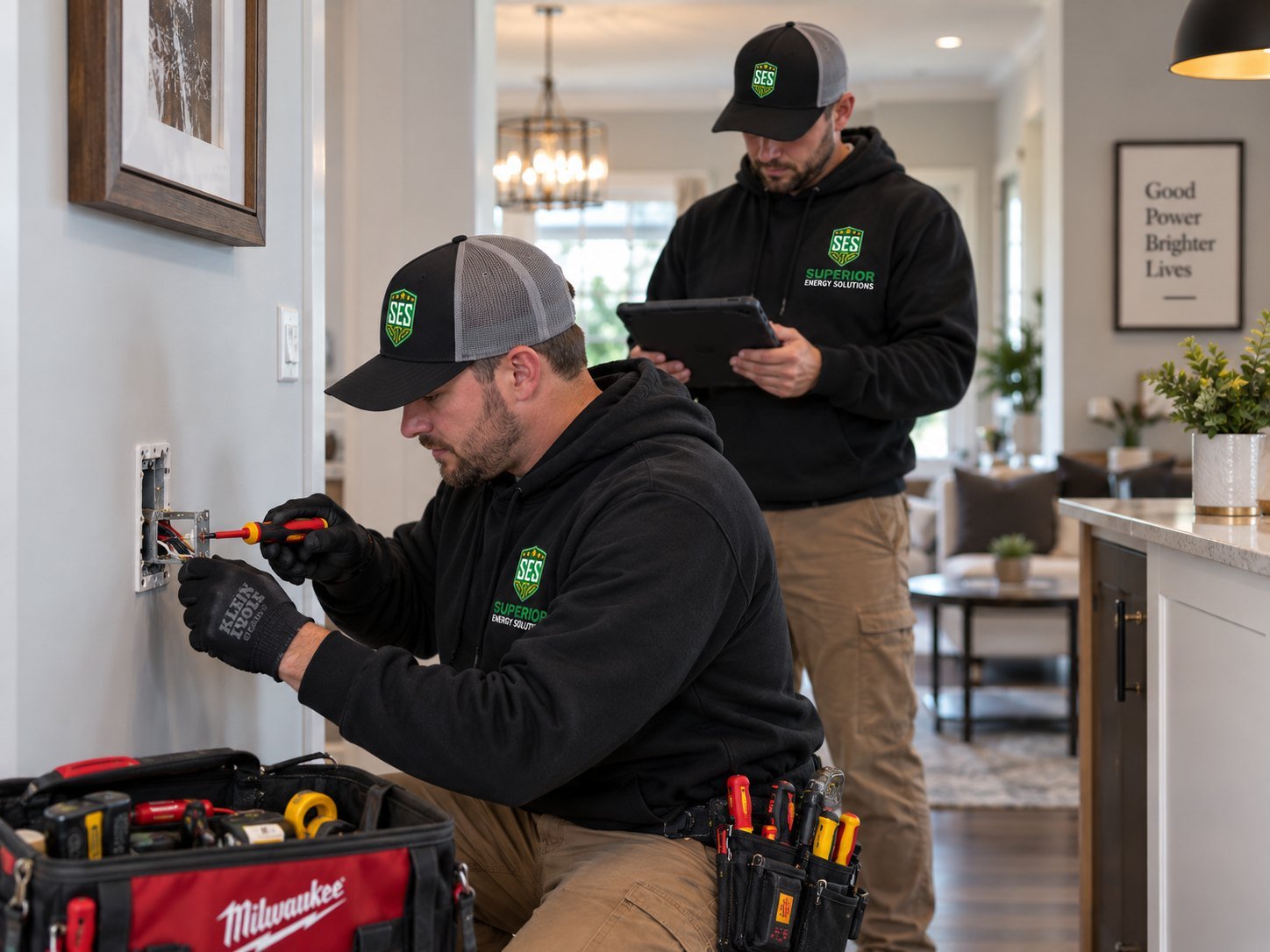SES electricians troubleshooting a wall switch and reviewing findings on a tablet